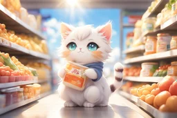 cute anime chibi cat in the grocery shop in sunshine Weight:1 heavenly sunshine beams divine bright soft focus holy in the clouds Weight:0.9