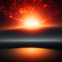 blackhole in night sky destroying the sun, reflection on a lake on earth