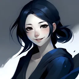 head and chest, human girl, blue-white skin, medium black hair, black robes, flirty smile