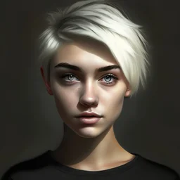 Girl with blonde short hair, black t-shirt and grey eyes