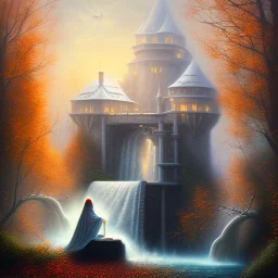 spray painted fantasy art, photorealism, book illustration,upper body of a realistic hooded high priestess ,white furniture by a dam ,autumn water, evening