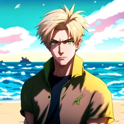 The handsome and perfect portrait is on Spruce Street, anime, blonde-haired and green-eyed male character on the beach for the magazine, 8K resolution, high quality, ultra graphics, and detailed with lines.