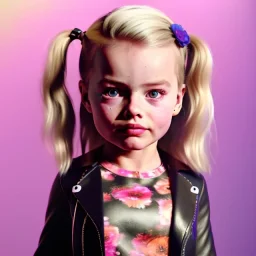 Margot Robbie toddler, full body, leather jacket, floral shirt, floral skirt, shoe, soft skin, dramatic lighting, hyper realistic