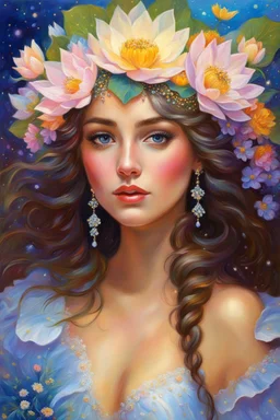 a painting of a woman with flowers in her hair, beautiful fantasy art portrait, beautiful fantasy portrait, realistic cute girl painting, beautiful fantasy painting, by Victor Nizovtsev, beautiful portrait oil painting, portrait of fairy princess, in stunning digital paint, portrait painting of a princess, gorgeous painting, lotus floral crown girl, detailed beauty portrait, girl in flowers