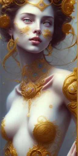 ultradetailed beautiful portrait painting of love Aphordite with short flowing brown hair and sharp piercing gaze of deep grey eyes, alluring beauty, smile lip, wearing jewels, roses, ultra ornate, gold leaf deatils, wearing white dress, by conrad roset, greg rutkowski and artgerm, trending on artstation