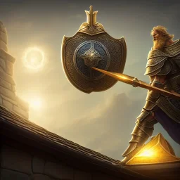 Rooftop medium view of a Giant Paladin casting a shield spell covering a Home, 8k resolution, high-quality, fine-detail, detailed matte, volumetric lighting, illustration, greg rutowski,