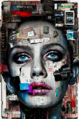 Ultra detailed medium portrait painting of a beautiful abused woman, she is crying and upset, masking tape on her mouth, blue brushed eye, chaos dark background,torn up collage of clippings, broken circuitry background, matrix effects, punk visual art, punk art aesthetic, graffiti art, pop surrealism, collage art, cluttered paint glitches