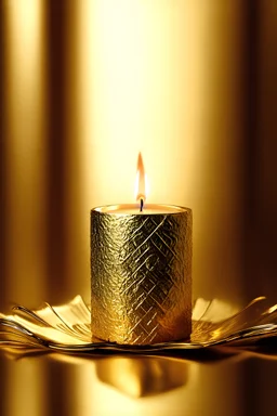 Presenting to you an exquisite background and candle in aristocratic golden tones. The background is rendered in a rich yet subdued gold hue, creating an atmosphere of luxury and sophistication. It is adorned with delicate, barely noticeable textured patterns that add depth and elegance. The candle, standing at the center of the composition, harmoniously complements the background. It is crafted in an astel-gold color, with a surface covered in a light metallic sheen that reflects soft light, c