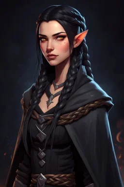 Young beautiful female Hexblood warlock character. Lightly tanned skin. Long straight jet-black hair to the waist. Half-up hairstyle with two loose Dutch braids on each side. Bright glowing pale eyes. Delicate face. High cheekbones. Full lips. Soft smile. Slightly pointed ears. Faint dark vine-like markings on neck and collarbone. Black cloak. Realistic dark fantasy. Highly detailed. Cinematic lighting.