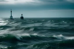 the sea in rainy weather, ships and a lighthouse are visible in the distance