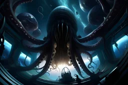 View from a spaceship into a natural event horizon in space with many enormous strange tentacled creatures, with huge mouths, flying around in the black