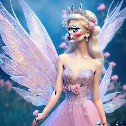 cute fantasy fairy with transparent wings, smiling, blue eyes, make up, long platinum blond hair with crown and flowers, pink dress, unity engine