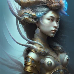 Sango fantasy, fantasy magic, intricate, sharp focus, illustration, highly detailed, digital painting, concept art, matte, art germ and Paul Lewin and Kehinde Wiley, masterpiece Indonesian lady head bronze lionfish Asian African girl nice breast Thai hair turquoise silver blue waves