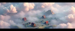 isometric voxel landscape with houses and clouds and fog of war