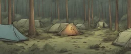 campsite, tents, overgrown, post-apocalyptic, comic book, forest, cinematic, from far away,