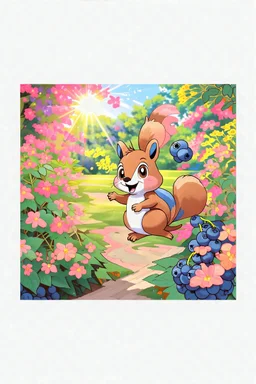 The friendly squirrel holds a blueberry excitingly in the air, the sunlight shining on the blueberry, colorful garden background , child book illustration style, faces must be the same as reference image