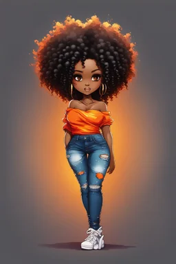 create a colorful abstract silhouette art image 8k of a chibi curvy black female wearing torn jeans pants and a orange tie dye off the shoulder blouse. Prominent make up with hazel eyes. Highly detailed long tight curly afro in a hair wrap.