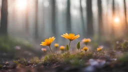 mini flower in the forest,sunrise, fog,low light, close-up, blurred background