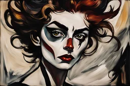 Max Beckmann, and Egon Schiele abstract expressionist style closeup portrait painting of a female vampire with highly detailed hair and facial features, sharply defined, finely lined and detailed, 4k in dark moody colors