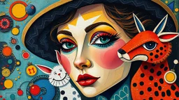 Inspired by a mix Kandinsky and Picasso. Vibrant, abstract, whimsical, close up a woman wear hat. geometric, colorful, expressive, playful, textured, quirky, surreal, artistic, imaginative, bold, eccentric, lively, dynamic, intriguing, symbolic, creative, angular, curious, bright, harmonious, detailed, layered, modern, eye-catching, humorous, spontaneous, vibrant, mysterious, unique, A whimsical celebration of many people play with tame animals, color and detail,