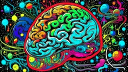 "Design a vibrant comic-styled artwork that captures the essence of a mighty brain, depicted as a tangible galactic entity. The brain itself should be intricately shaded to highlight its convoluted crevices, delicately lit by distant stars. The backdrop is to be an amalgamation of colourful swirling galaxies,