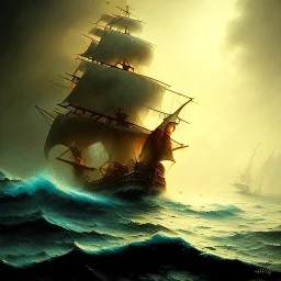 frank frazetta style, pirate ship, ocean, storm, night, sea monster