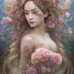 Insanely detailed photograph of an “portrait of gorgeous spring goddess ” with intricate hair, intricate embroidered dress, beautiful clear face and hyperdetailed painting by Ismail Inceoglu Huang Guangjian and Dan Witz CGSociety ZBrush Central fantasy art album cover art,8K, hdr, romantic, mysterious, ominous, beautiful flowers, jewelry, comfort, natural eyes, "arms open for embrace", naked