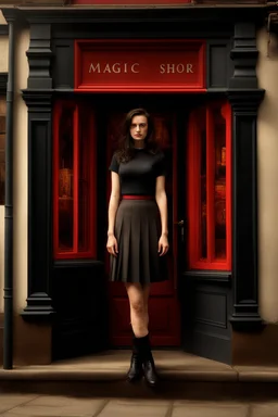 Photorealistic image of a young woman with dark hair, in a black ankle length skirt, boots and shirt, standing outside an old magic shop front with large red painted multi-paned picture windows on either side of a multi-paned doorway.
