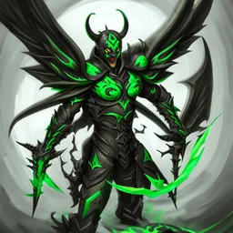 demonio de armadura verde y negro con alas negras, con sangre en sus manos