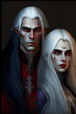 A couple, from the dnd game curse of Strahd. The woman is beautiful, has long white hair and blue eyes, the man has LONG BLACK hair and red eyes, no facial hair.