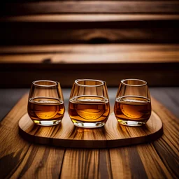 create an image of 4snifter tequila glasses on a wooden board