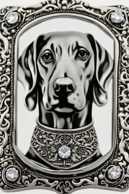 Silver brooch patterned in the shape of a dog Deberman containing crystal white background