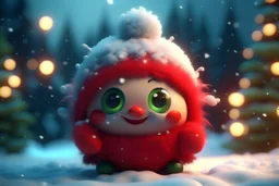 a cute cute little bug-eyed Santa kawaii smiley in a red jacket in the snow and Christmas tree. high resolution, 64k, detail rendering, high quality, fantasy, soft warm lighting, fluffy eyelashes, macro photography, 3D rendering, hyperrealism, hyperesthetic, sharpen, CGI