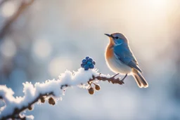 A beautiful colourful little bird catches a blue berry with its beak while standing on a snowy branch in sunshine, ethereal, cinematic postprocessing, bokeh, dof