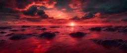 The surface and the island of red water scenery. Sky with clouds. Bloody sunset background with copy space for design. War, apocalypse, armageddon, nightmare, halloween, evil, horror concept.