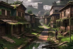 TLOU Town but in the style of Bob Ross's oil painting. No people.