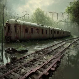 an abandoned train on tracks falling apart and overgrown by nature with large puddles of water flooding part of tracks, 8k resolution, high-quality, fine-detail, intricate, digital art, detailed matte, volumetric lighting, illustration, 3D octane render, brian froud, howard lyon, selina french, anna dittmann, annie stokes, lisa parker, greg rutowski