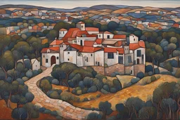 a painting of a placid 16th century Spanish villa set amidst a landscape of ancient olive groves in the Art Brut style of Jean Dubuffet, rich natural colors, museum quality masterpiece