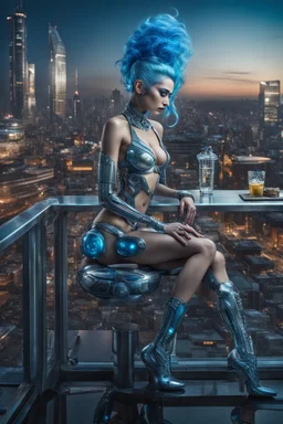 A beautyful biomechanical woman with tranparent glass body and blue hair, sitting in the cyberpunk rooftop bar in futuristic city, intricate details, HDR, beautifully shot, hyperrealistic, sharp focus, 64 megapixels, perfect composition, high contrast, cinematic