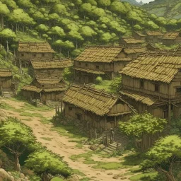 A brown underground mining village covered in vines painted by Hashimoto Gaho