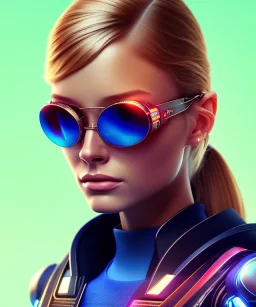 a young woman, BLONDE hair, green eyes, glasses, deep colors, cyberpunk, great pose, Realistic photography, incredibly detailed, ultra-high resolution, 8k, complex 3d render, cinema 4d, anatomically correct, dark backgorund