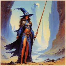 ConceptSheet [by Bruce Pennington]: woman wizard and her long rod with AD&D statistics