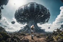 Wide angle photo of a slim sci-fi woman with blond hair, wearing a silver and black futuristic spacesuit looking android-like, standing on a derelict alien cloud tree jungle planet