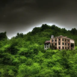 Building, overgrown, abandoned, town, hill, forest, scary