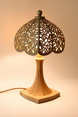 Create a product table lamp inspired by nyonya kebaya in wood material process laser cutting in off white background