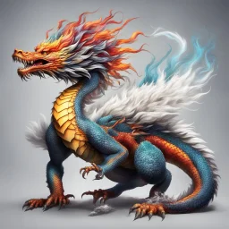 a colorful asian dragon with curly white fur, smokey breath, fire, claws, spikes along back, long tail, attacking