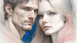 portrait of a man and a blonde woman, love, charcoal, pencil, pink lips, blue eyes, fine drawing, hand with a brush