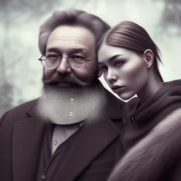 a young woman sitting next to a 50-year-old man with a beard and short hair, portrait, 8K, close-up face, anatomically perfect face, Highly detailed stunning full frame portrait, misty and cloudy atmosphere