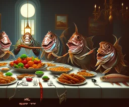 supper, fish sit at the table and eat pieces of people.