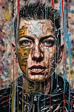 Ultra detailed medium portrait painting of a vacuumed face under a plastic bag, no air, tight, torn up punk poster, broken circuitry background, matrix effects, punk visual art, punk art aesthetic, graffiti art, pop surrealism, collage art, cluttered paint glitches